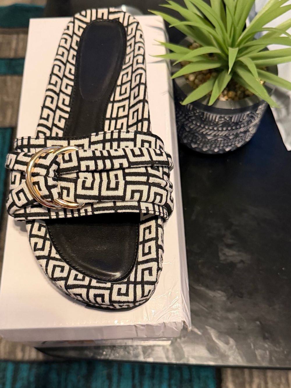 Black & White Geometric Slide Sandal with Gold Accent